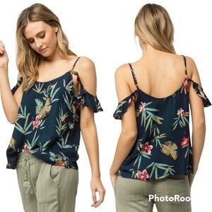 Roxy Dreamland Groove Top Blue Floral Cold Shoulder S Boho Chic Garden Party